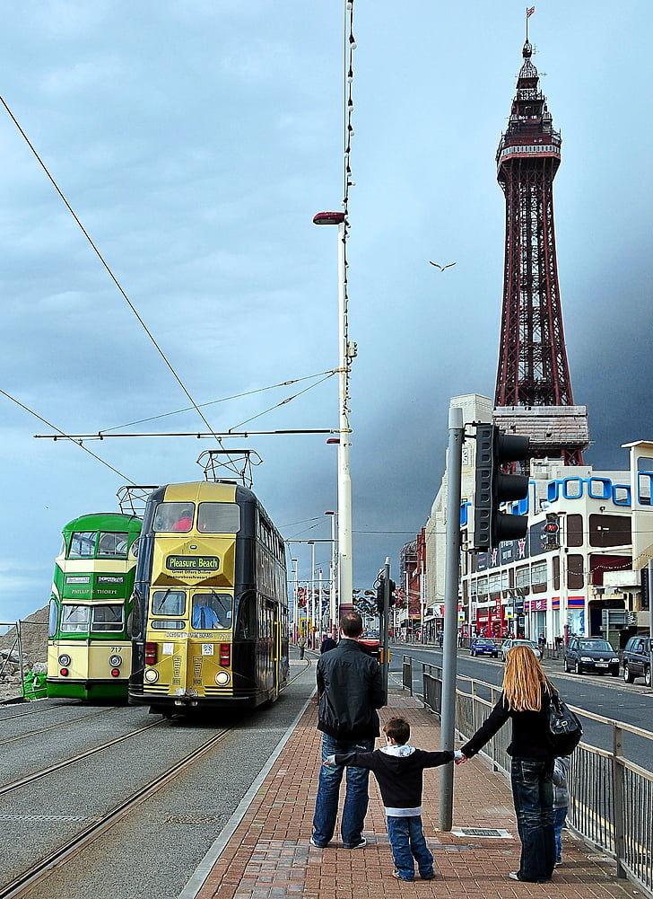 Blackpool, eléctricos, prazer, praia, transporte, público, passeio