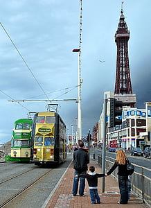 Blackpool, spårvagnar, nöje, stranden, transport, offentliga, rida