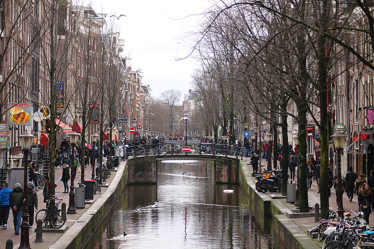 Amsterdam, canales, escena de la calle, canal, Países Bajos, ciudad, personas