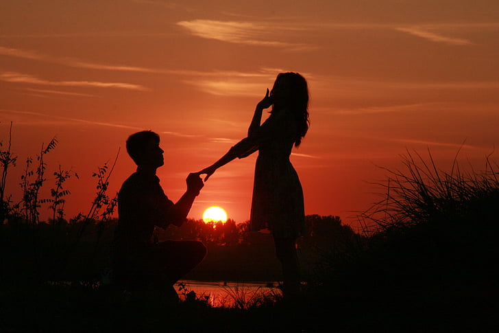 pareja, amor, puesta de sol, matrimonio de propuesta, agua, sol, sombra