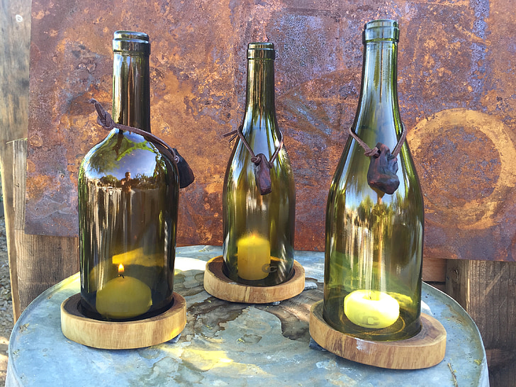 wine bottle, candle holder, candle, decor, design, gccreative works, upcycle glass