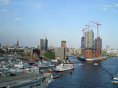 Hampuri, Elbe philharmonic hall, Port, rakentaa, Nosturit, Skyline, City