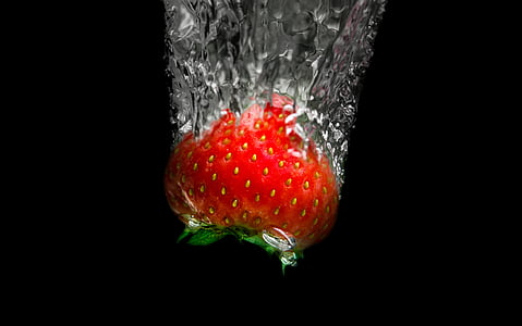strawberry, dive, water, bubbles, black, fruit, fresh
