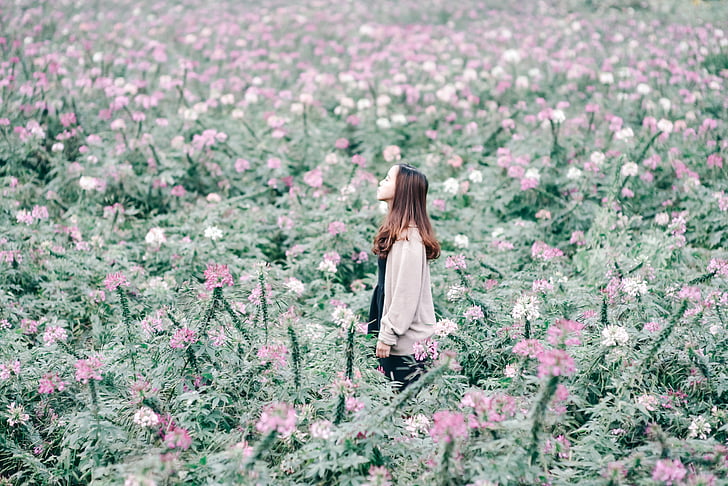 flowers, girl, lost, portrait, nature, spring, people