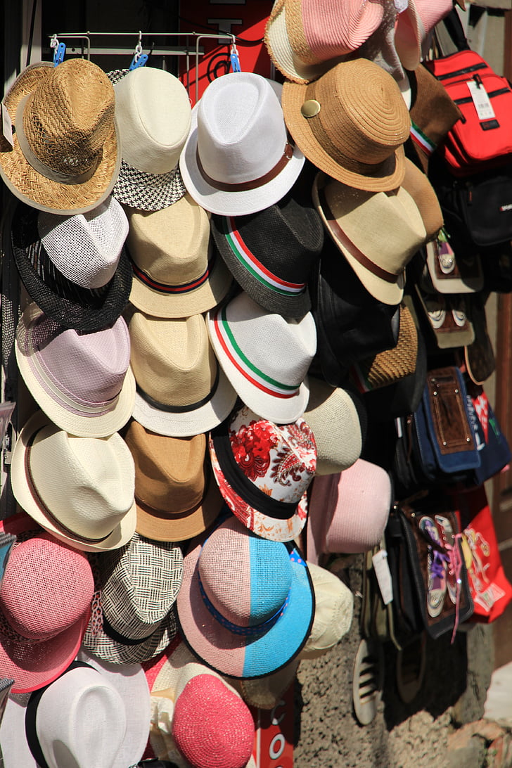 hats, kiosk, straw hat, sun hat, headwear, summer hat, sales stand