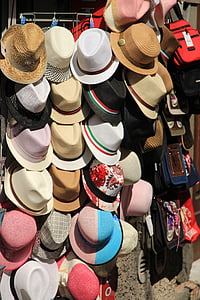 cepures, kiosks, salmu cepuri, sauli cepurē, cepures, vasaras cepure, tirdzniecības stends
