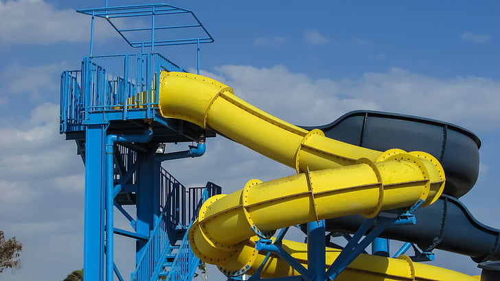 water slide, colorful, hotel, slide, yellow, blue, cyprus