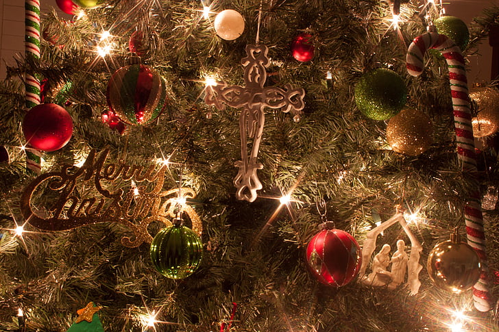 árvore de Natal, ornamentos, Cruz, manjedoura, Feliz Natal, Natal, árvore