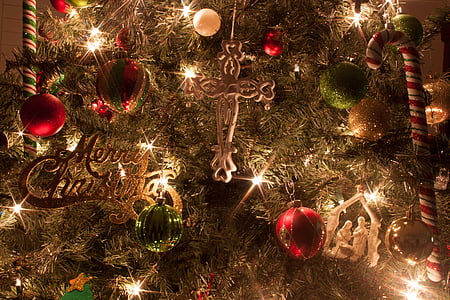 christmas tree, ornaments, cross, manger, merry christmas, christmas, tree