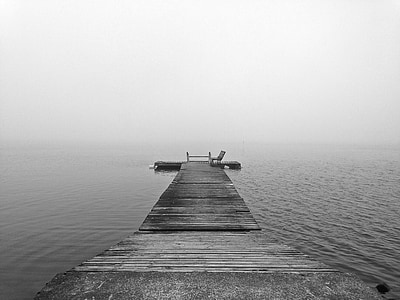 fog, peer, water, lake, foggy, calm, perspective