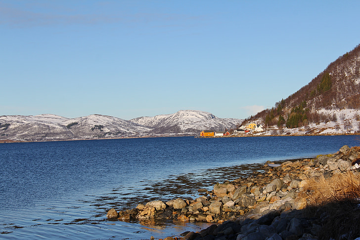 landschap, mooie, hemel, zee, fjord, sneeuw, berg