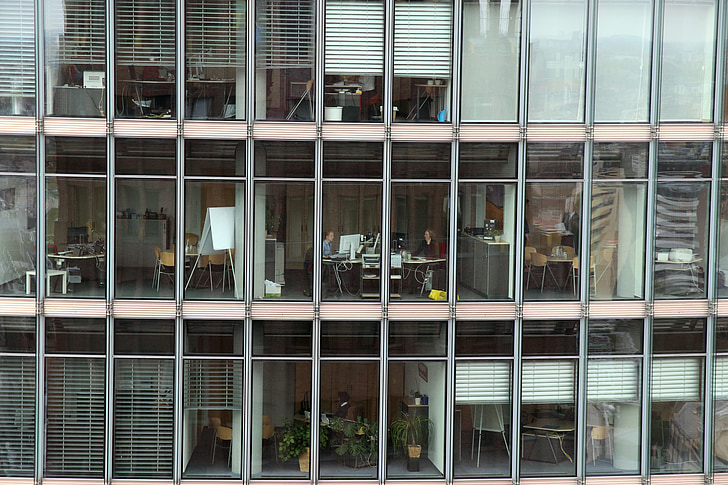 Oficina, complejo de oficinas, fachada de vidrio, edificio, ciudad, ventana, moderno