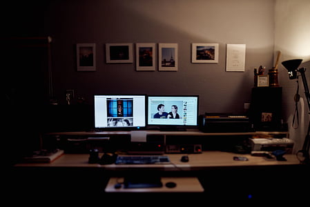 computers, desk, indoors, lamp, office, room, screen