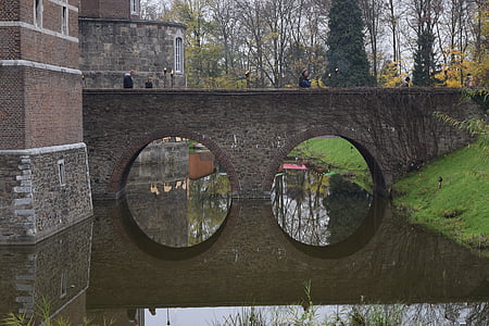 Bridge, spegling, vatten, sten, gamla, reflektioner, slott