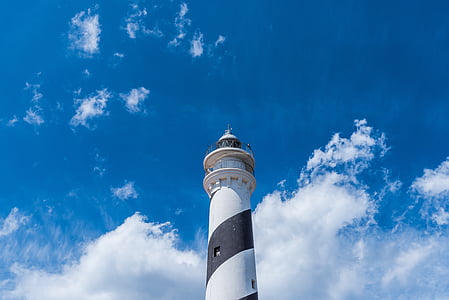white, black, lighthouse, blue, sky, sunshine, clouds