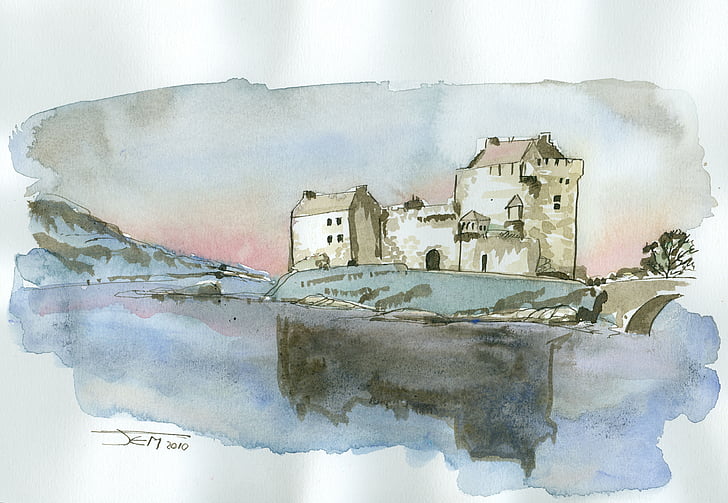 Castelul, Scoţia, acuarelă, Lacul, Eilean draghiciu