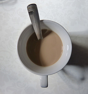 káva s mlékem, řez, snídaně, pohár, čas na čaj