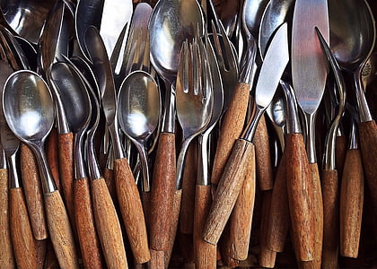 utensílios de cozinha, garfo, faca, colher, cozinha, velho, vintage