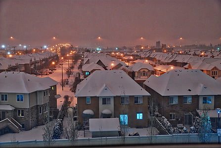 snow, snowfall, nighttime, houses, roof