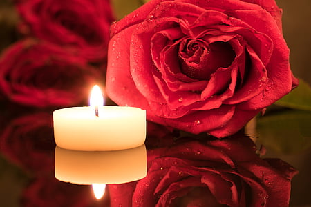 Świeca, czerwona róża, przy świecach, Róża, kropla wody, nostalgiczne, światło