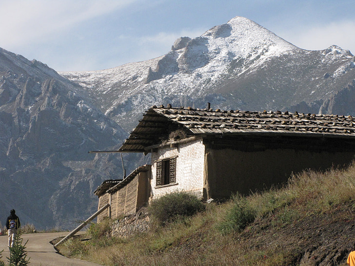 montaña, cubierto de nieve, arquitectura tibetana, características del edificio, paisaje