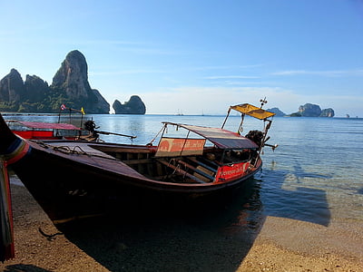 Thailand, Railay beach, zee, Thaise boot, Railay, strand, tropische