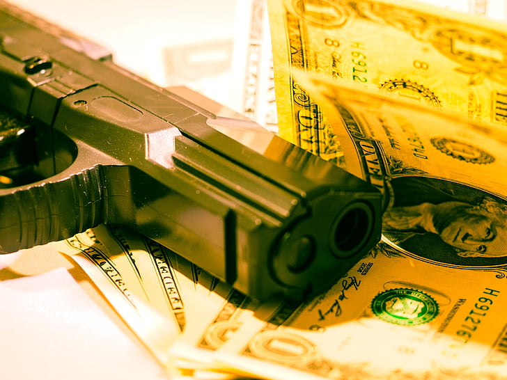 pinigų, pistoletas, doleris, apiplėšimas, banko apiplėšimas, nusikalstamumo, valiuta