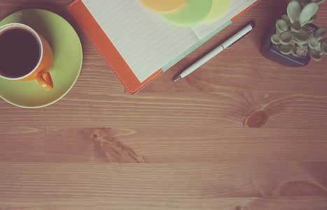 coffee, notebook, wooden, background, orange, work, table