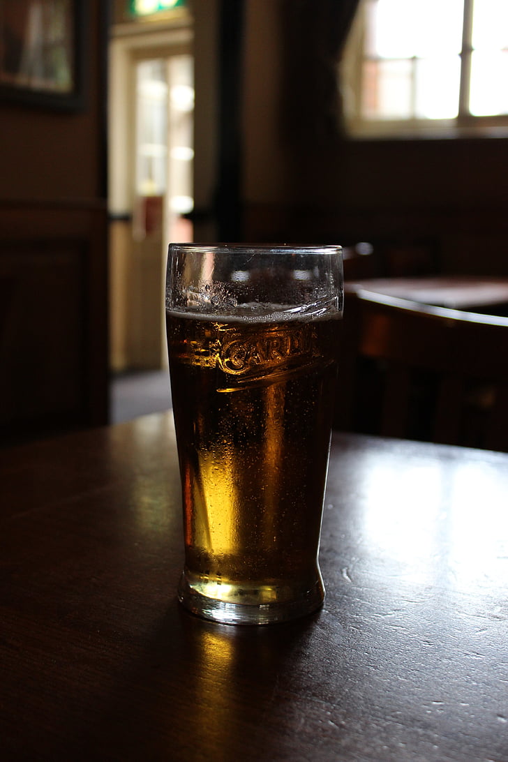 øl, glas, pub, tabel, alkohol, gul, drink