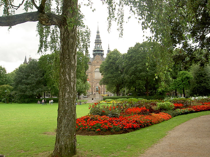 Park, virágok, piros, Landmark, Múzeum, Nordiska, Stockholm