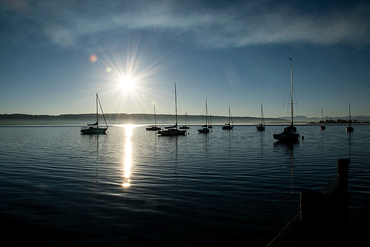 Lago, Barcos, água, barco à vela, azul, Ammersee, espelhamento