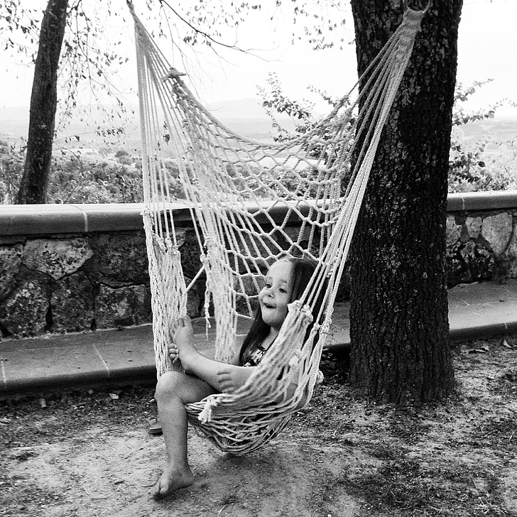 hammock, girl, black white, child, black And White, people, outdoors