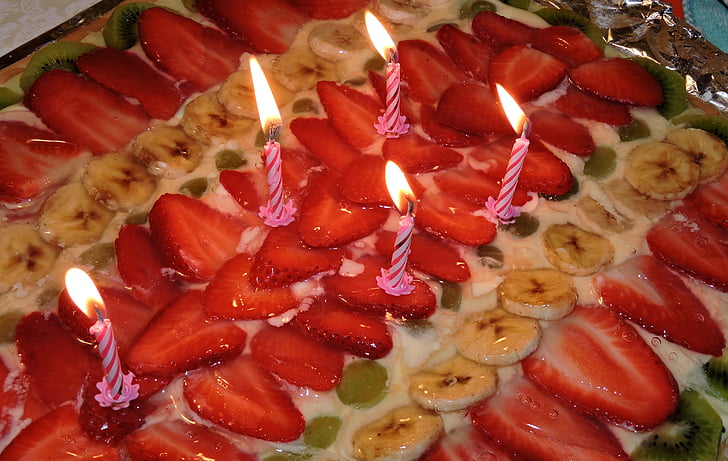 bolo, morango, velas, aniversário, doce, banana, quivi