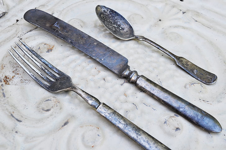 Vintage, antik, perak, sendok, pisau, garpu, Meja