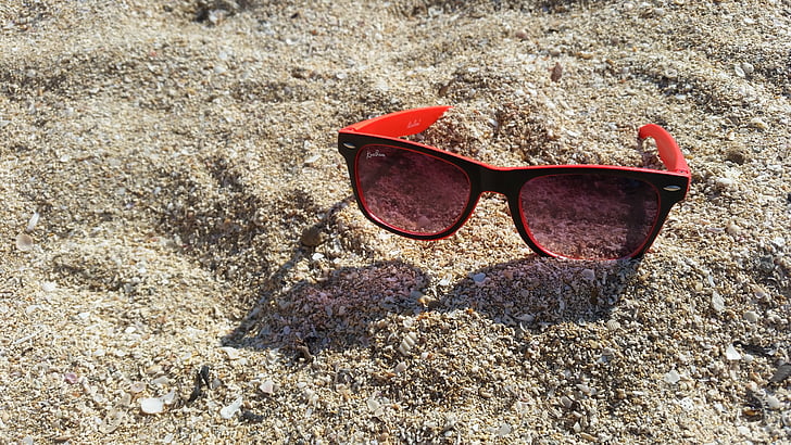 occhiali, spiaggia, sabbia, occhiali da sole, rosso