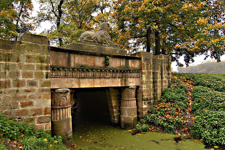 park, the sphinx, bridge, columns, canal, trees, autumn