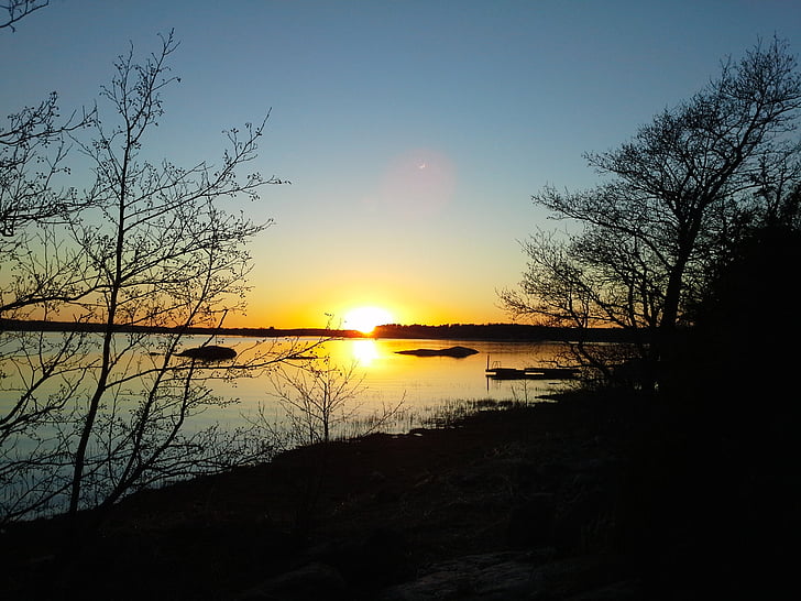 afterglow, sunset, seascape, nature, lake, reflection, tree