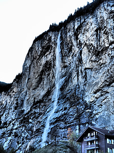 staubbachfall, vízesés, -esik, Lauterbrunnen, meredek, meredek fal, sziklafal