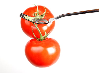 トマト, フォーク, 食べる, 健康的です, シンボル, 栄養, フリッシュ