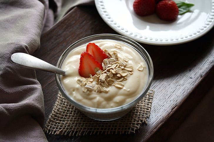 yogurt, fruit, vanilla, strawberries, food, healthy, nutrition