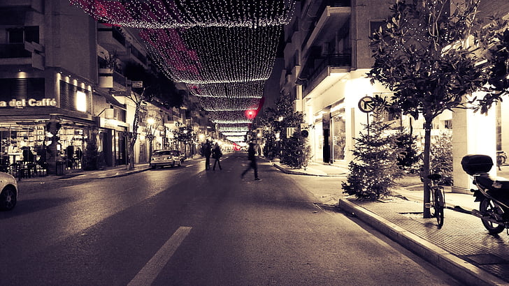 ville, lumières, Christmas, rue, scène urbaine, nuit, vie urbaine