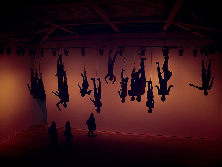 art, creative, hanging, light, museum, people, silhouette