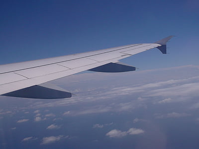 samolot, skrzydło, okno samolotu, niebo