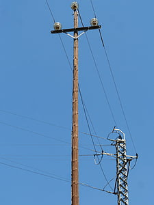 elektros linijos, metafora, naujų ir senų, medžio ir metalo, kabeliai