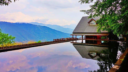infinity, pool, view, house, water, chalets, reflections