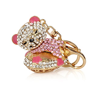 teddy bear, key ring, keychain, key ring pendant, heart, color, gold