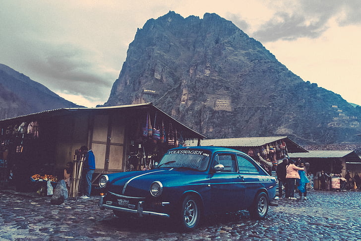 modra, Classic, coupe, parkiran, v bližini:, rjava, lesene