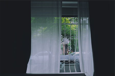 Blanco, ventana, cortina, cortinas, sala de, reflexión, no hay personas