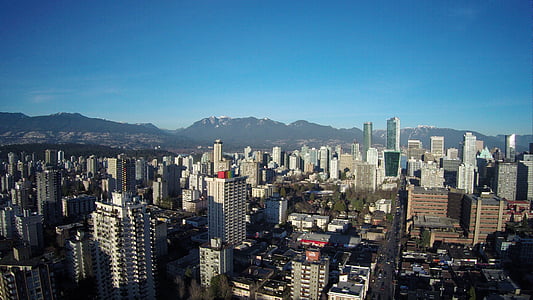 vancouver, canada, city, aerial, drone, mountains, cityscape