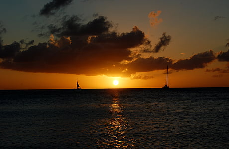 Aruba, matahari terbenam, Karibia, berlayar, perahu layar, siluet, laut